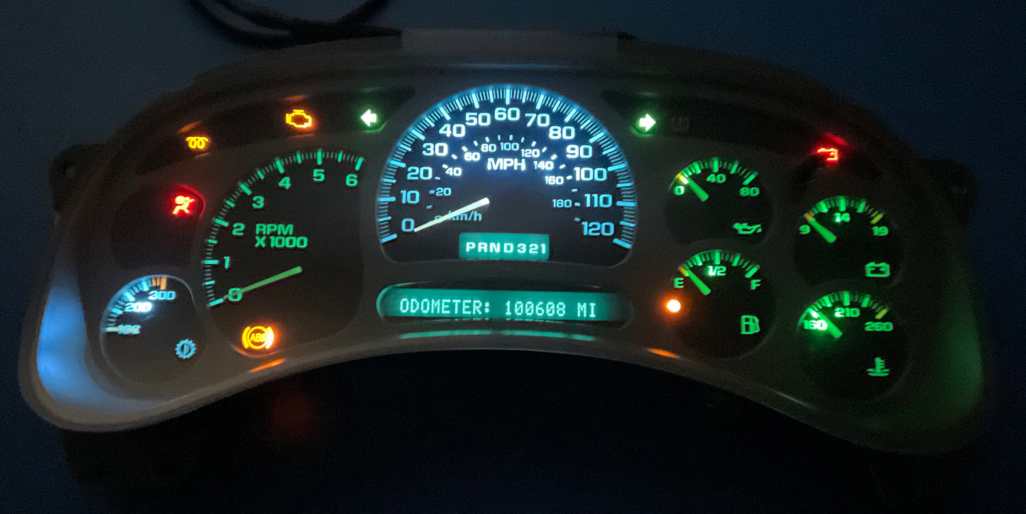 WHITE GREEN LED 2003 2004 2005 2006 Chevy Silverado Sierra Tahoe Denali Suburban Avalanche Yukon Escalade 03 04 05 W/Trans Temp Speedometer Instrument Gauge Cluster - Speedometerking.com