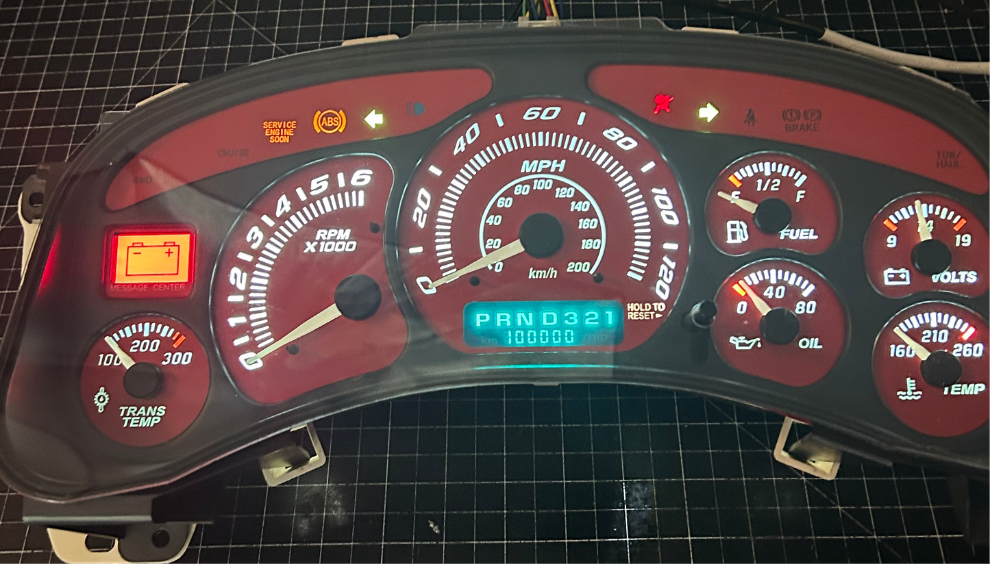1999-2002 RED GMC/Chevrolet REBUILT Instrument Gauge Cluster (with Trans Temp) - Speedometerking.com