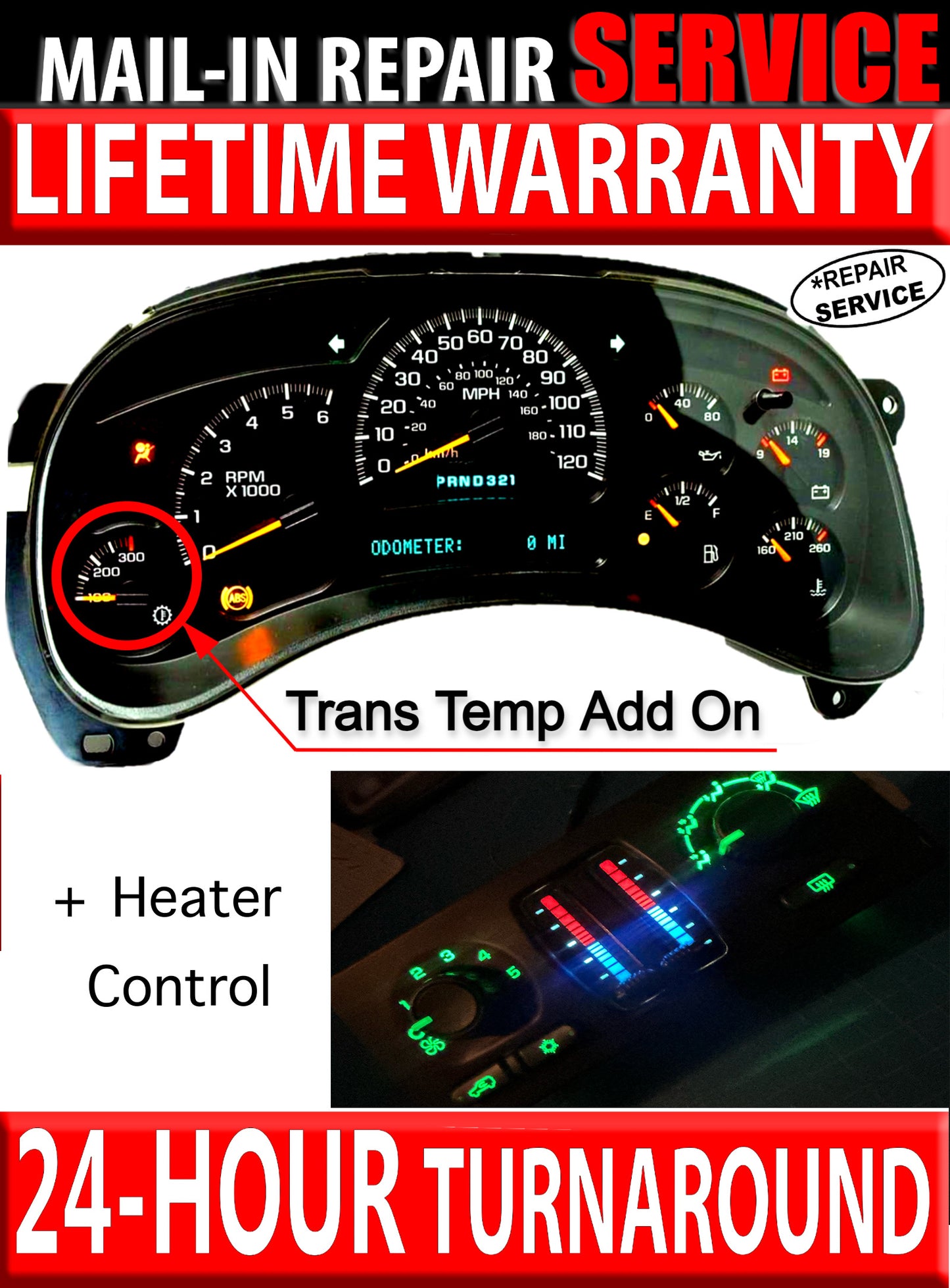 MAIL IN BUNDLE REBUILD SERVICE: Add Trans Temp Gauge Service + Instrument Cluster Rebuild + Add LEDs 03-07 GM Add LED's to Heater Control