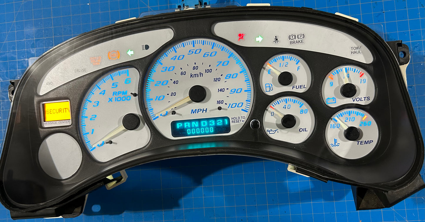 1999-2002 Gmc Chevrolet OEM Rebuilt Refurbished Instrument Gauge Cluster(WHITE) Cadillac Escalade, Silverado, Sierra, Tahoe, Denali Suburban, Avalanche, Yukon, Speedometer (No Trans Temp)