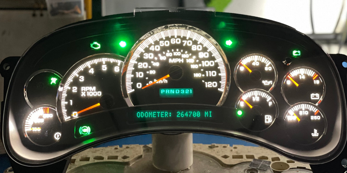 2003-2007 Gmc Chevrolet OEM Rebuilt Refurbished Instrument Gauge Cluster Cadillac Escalade , Silverado, Sierra, Tahoe, Denali Suburban, Avalanche, Yukon , W/ Trans Temp (Cadillac Escalade Bezel W/Green Signals) Speedometer