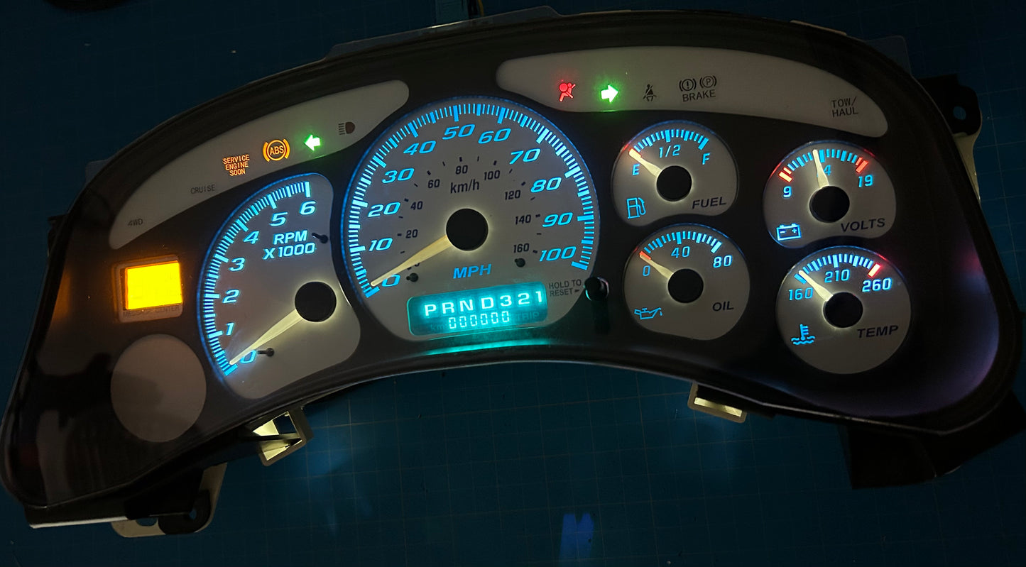 1999-2002 Gmc Chevrolet OEM Rebuilt Refurbished Instrument Gauge Cluster(WHITE) Cadillac Escalade, Silverado, Sierra, Tahoe, Denali Suburban, Avalanche, Yukon, Speedometer (No Trans Temp)