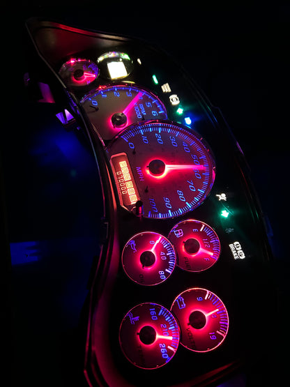 1999-2002 OEM Gmc Chevrolet OEM Rebuilt Refurbished Instrument Gauge Cluster(GlOW NEEDLES)  Cadillac Escalade, Silverado, Sierra, Tahoe, Denali Suburban, Avalanche, Yukon, W/Trans Temp (Cadillac /Escalade Chrome Bezel) Speedometer - Speedometerking.com