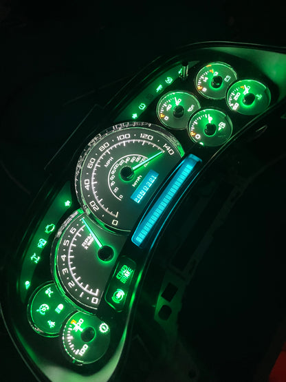 2003-2007 140 MPH 7 Green GLOW NEEDLES Gmc Chevrolet OEM Rebuilt Refurbished Instrument Gauge Cluster Cadillac Escalade , Silverado, Sierra, Tahoe, Denali Suburban, Avalanche, Yukon , W/ Trans Temp (Gold Cadillac Escalade Bezel W/Blue Signals) Speedometer - Speedometerking.com