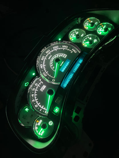 2003-2007 140 MPH 7 Green GLOW NEEDLES Gmc Chevrolet OEM Rebuilt Refurbished Instrument Gauge Cluster Cadillac Escalade , Silverado, Sierra, Tahoe, Denali Suburban, Avalanche, Yukon , W/ Trans Temp (Gold Cadillac Escalade Bezel W/Blue Signals) Speedometer - Speedometerking.com