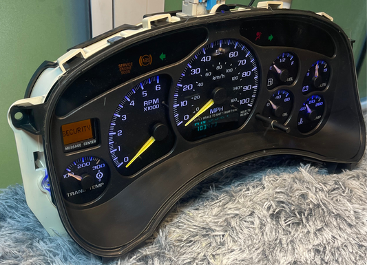 Blue Trans Temp 1999-2002 BLUE Custom 1995-1998 Chevrolet Silverado, Sierra, Suburban, Tahoe, Suburban | GMC Avalanche, Yukon | Cadillac Escalade Speedometer Instrument Gauge Cluster - Speedometerking.com