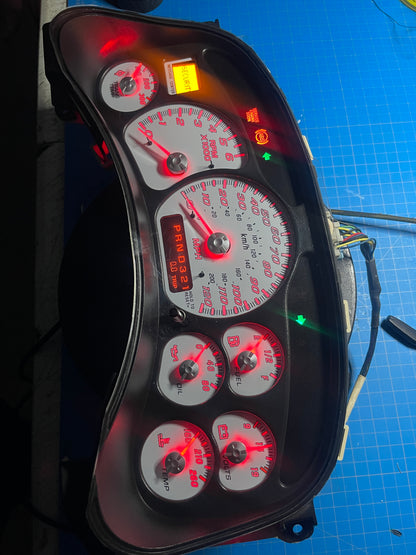 1999-2002 OEM Gmc Chevrolet OEM Rebuilt Refurbished Instrument Gauge Cluster(RED GlOW NEEDLES)  Cadillac Escalade, Silverado, Sierra, Tahoe, Denali Suburban, Avalanche, Yukon, W/Trans Temp ) Speedometer