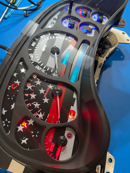 2003-2007 AMERICAN FLAG 7 GLOW NEEDLES Gmc Chevrolet OEM Rebuilt Refurbished Instrument Gauge Cluster Cadillac Escalade , Silverado, Sierra, Tahoe, Denali Suburban, Avalanche, Yukon , W/ Trans Temp (Gold Cadillac Escalade Bezel W/Blue Signals) Speedometer