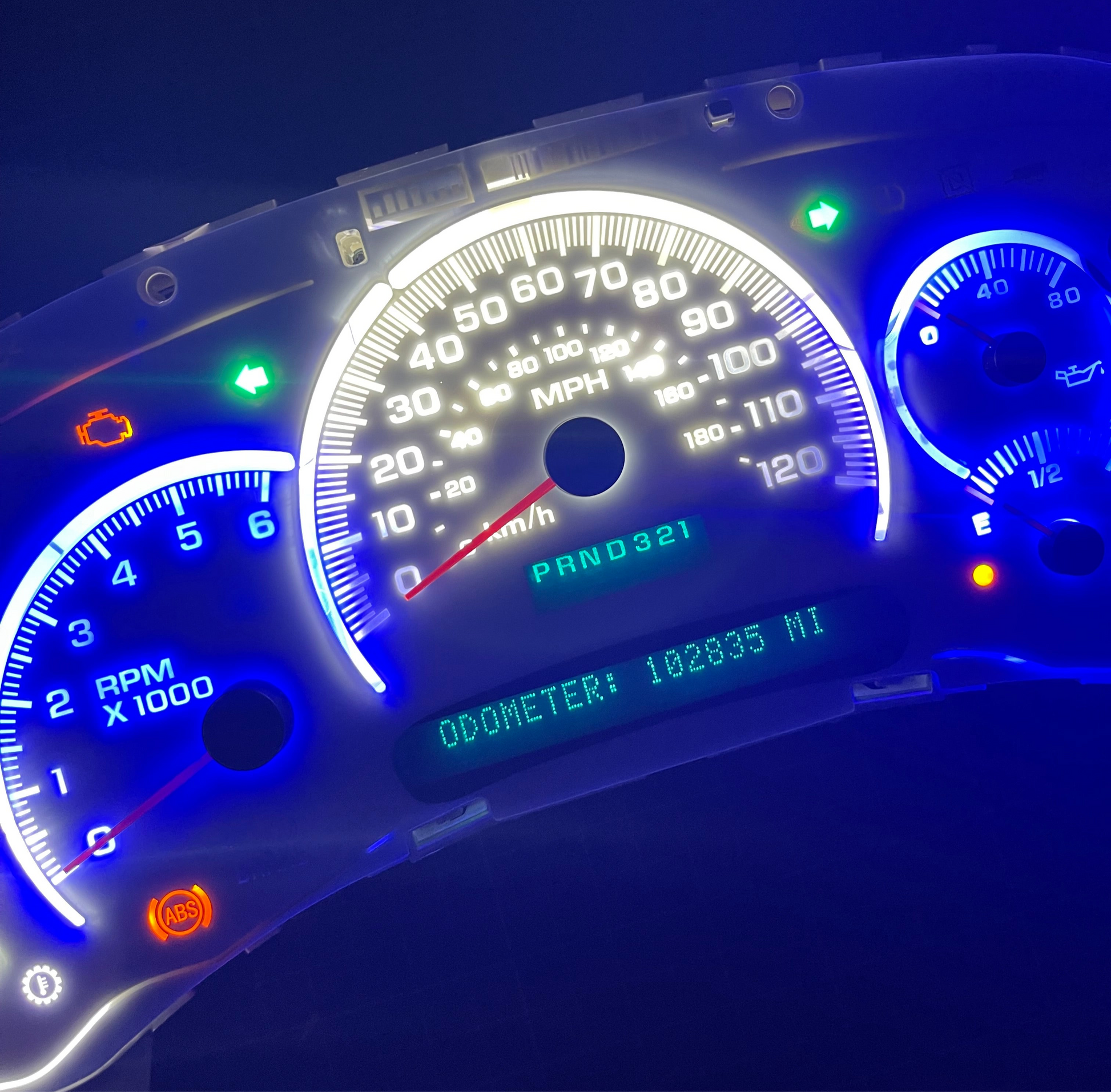 BLUE/WHITE LED’s 2003 2004 2005 2006 Chevy Silverado Sierra Tahoe Denali Suburban Avalanche Yukon Escalade 03 04 05 W/ Trans Temp Speedometer Instrument Gauge Cluster - Speedometerking.com