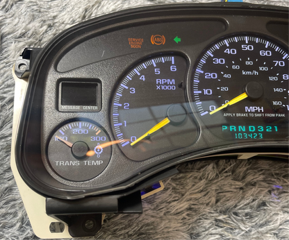 Blue Trans Temp 1999-2002 BLUE Custom 1995-1998 Chevrolet Silverado, Sierra, Suburban, Tahoe, Suburban | GMC Avalanche, Yukon | Cadillac Escalade Speedometer Instrument Gauge Cluster - Speedometerking.com