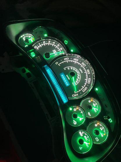 2003-2007 140 MPH 7 Green GLOW NEEDLES Gmc Chevrolet OEM Rebuilt Refurbished Instrument Gauge Cluster Cadillac Escalade , Silverado, Sierra, Tahoe, Denali Suburban, Avalanche, Yukon , W/ Trans Temp (Gold Cadillac Escalade Bezel W/Blue Signals) Speedometer - Speedometerking.com