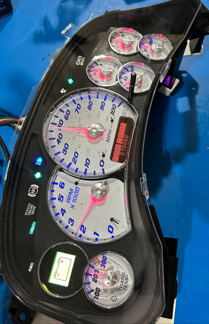 1999-2002 OEM Gmc Chevrolet OEM Rebuilt Refurbished Instrument Gauge Cluster(GlOW NEEDLES)  Cadillac Escalade, Silverado, Sierra, Tahoe, Denali Suburban, Avalanche, Yukon, W/Trans Temp (Cadillac /Escalade Chrome Bezel) Speedometer - Speedometerking.com