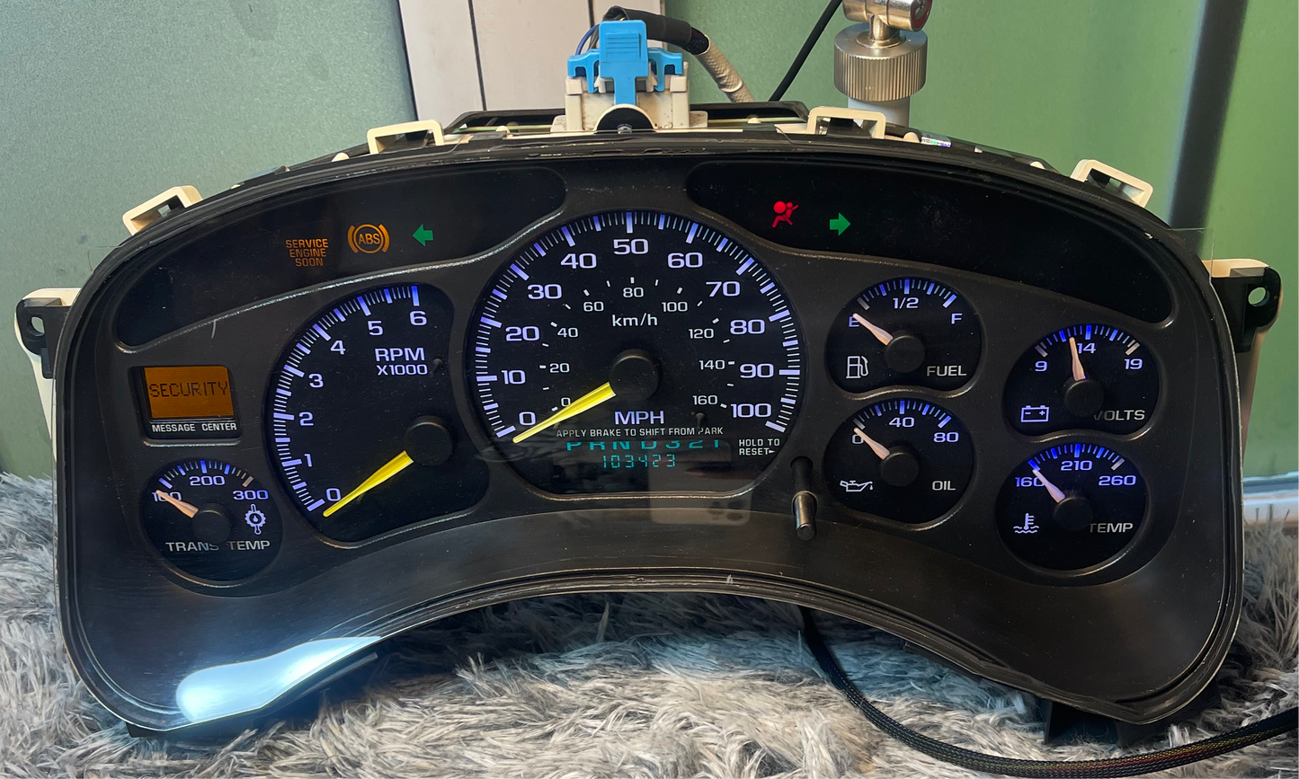 Blue Trans Temp 1999-2002 BLUE Custom 1995-1998 Chevrolet Silverado, Sierra, Suburban, Tahoe, Suburban | GMC Avalanche, Yukon | Cadillac Escalade Speedometer Instrument Gauge Cluster - Speedometerking.com