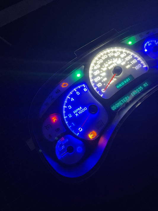 BLUE/WHITE LED’s 2003 2004 2005 2006 Chevy Silverado Sierra Tahoe Denali Suburban Avalanche Yukon Escalade 03 04 05 W/ Trans Temp Speedometer Instrument Gauge Cluster - Speedometerking.com