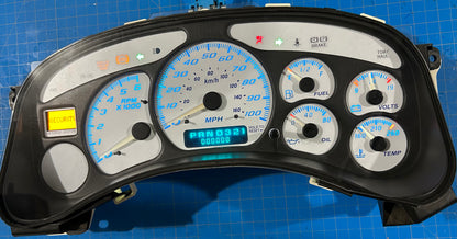 1999-2002 Gmc Chevrolet OEM Rebuilt Refurbished Instrument Gauge Cluster(WHITE) Cadillac Escalade, Silverado, Sierra, Tahoe, Denali Suburban, Avalanche, Yukon, Speedometer (No Trans Temp)