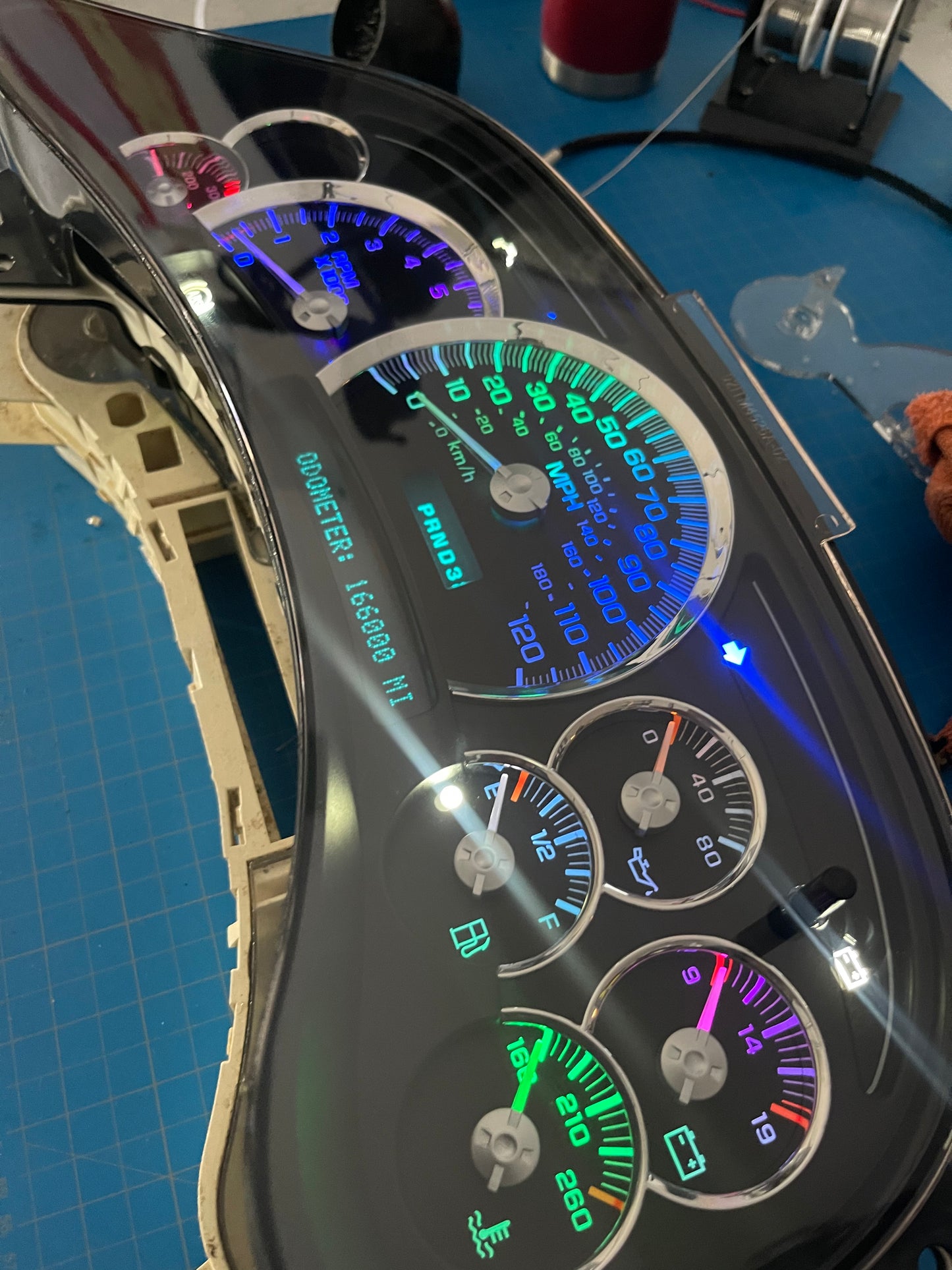 2003-2007 Gmc Chevrolet OEM Rebuilt Refurbished Instrument Gauge Cluster Multicolored Cadillac Escalade , Silverado, Sierra, Tahoe, Denali Suburban, Avalanche, Yukon , W/ Trans Temp (Cadillac Escalade Bezel) Speedometer - Speedometerking.com