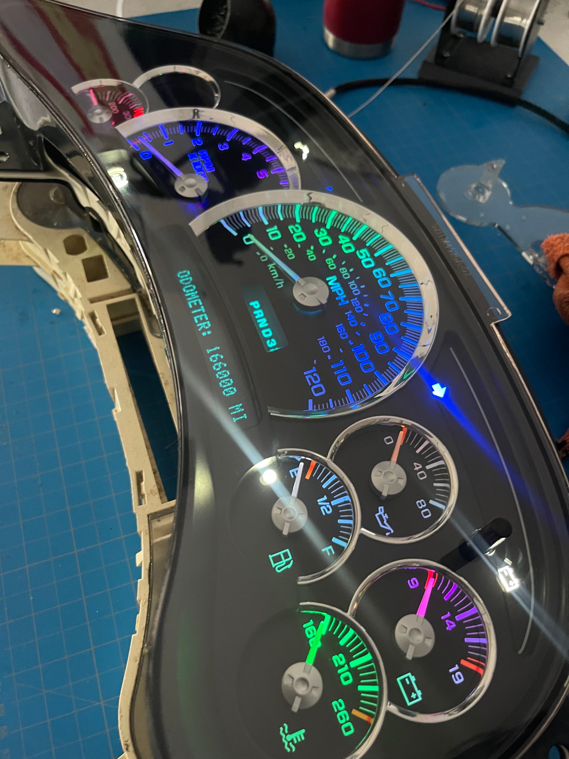 2003-2007 Gmc Chevrolet OEM Rebuilt Refurbished Instrument Gauge Cluster Multicolored Cadillac Escalade , Silverado, Sierra, Tahoe, Denali Suburban, Avalanche, Yukon , W/ Trans Temp (Cadillac Escalade Bezel) Speedometer - Speedometerking.com