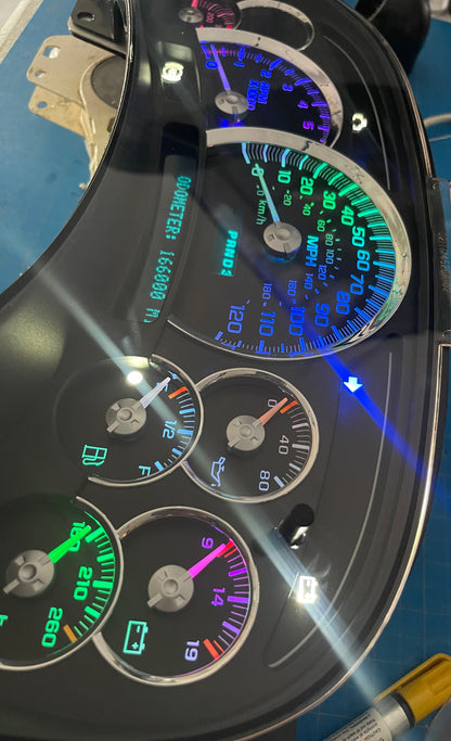 2003-2007 Gmc Chevrolet OEM Rebuilt Refurbished Instrument Gauge Cluster Multicolored Cadillac Escalade , Silverado, Sierra, Tahoe, Denali Suburban, Avalanche, Yukon , W/ Trans Temp (Cadillac Escalade Bezel) Speedometer - Speedometerking.com