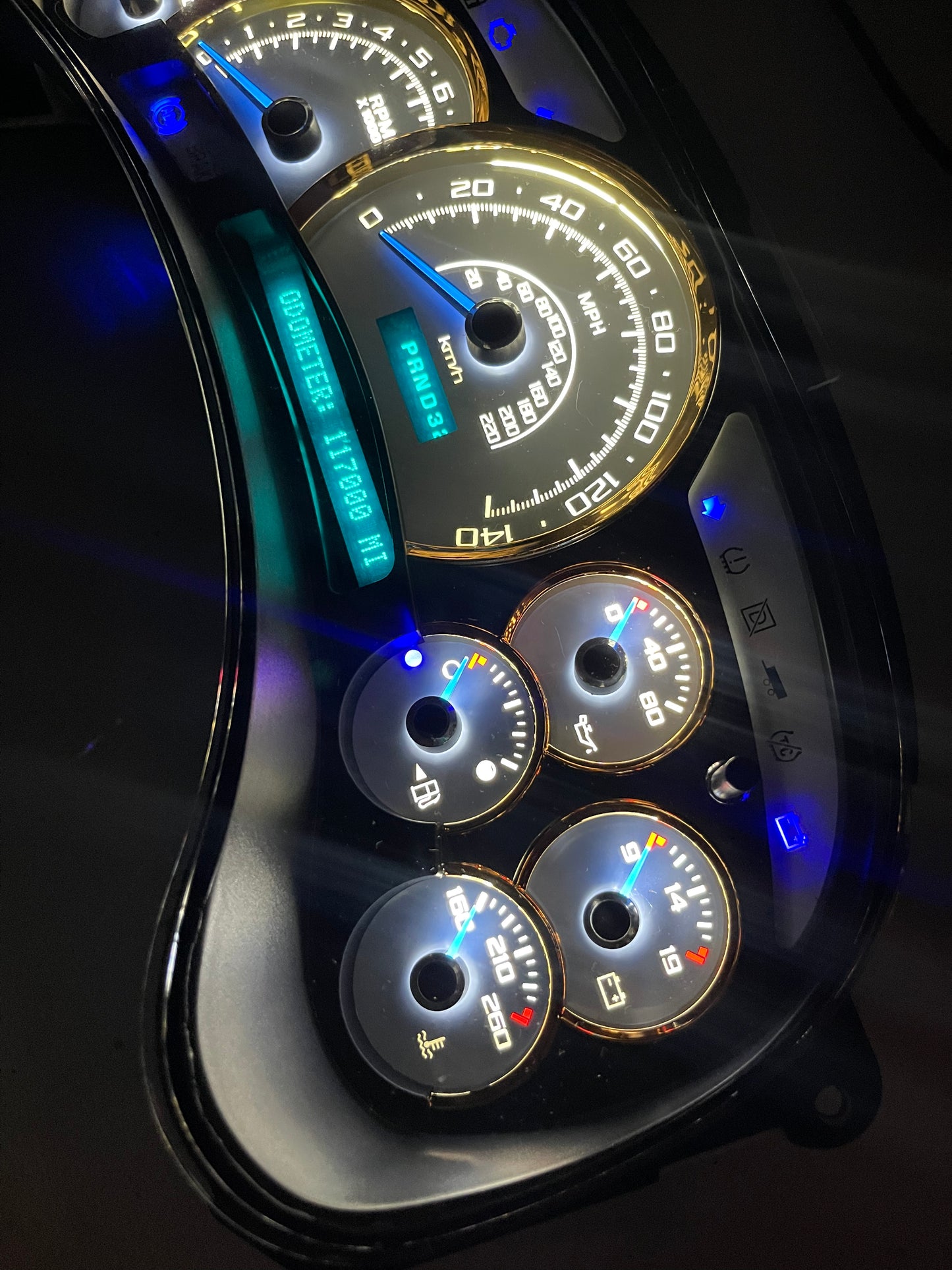 2003-2007 140 MPH 7 GLOW NEEDLES Gmc Chevrolet OEM Rebuilt Refurbished Instrument Gauge Cluster Cadillac Escalade , Silverado, Sierra, Tahoe, Denali Suburban, Avalanche, Yukon , W/ Trans Temp (Gold Cadillac Escalade Bezel W/Blue Signals) Speedometer