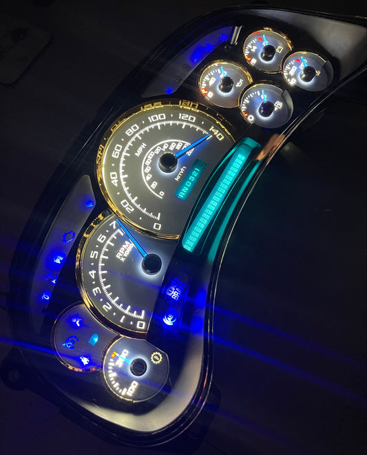 2003-2007 140 MPH 7 GLOW NEEDLES Gmc Chevrolet OEM Rebuilt Refurbished Instrument Gauge Cluster Cadillac Escalade , Silverado, Sierra, Tahoe, Denali Suburban, Avalanche, Yukon , W/ Trans Temp (Gold Cadillac Escalade Bezel W/Blue Signals) Speedometer