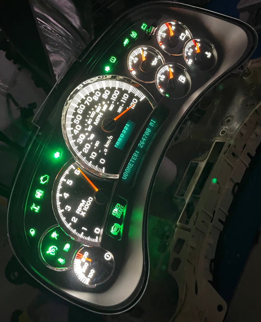 2003-2007 Gmc Chevrolet OEM Rebuilt Refurbished Instrument Gauge Cluster Cadillac Escalade , Silverado, Sierra, Tahoe, Denali Suburban, Avalanche, Yukon , W/ Trans Temp (Cadillac Escalade Bezel W/Green Signals) Speedometer