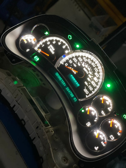 2003-2007 Gmc Chevrolet OEM Rebuilt Refurbished Instrument Gauge Cluster Cadillac Escalade , Silverado, Sierra, Tahoe, Denali Suburban, Avalanche, Yukon , W/ Trans Temp (Cadillac Escalade Bezel W/Green Signals) Speedometer