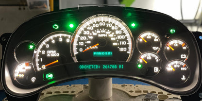2003-2007 Gmc Chevrolet OEM Rebuilt Refurbished Instrument Gauge Cluster Cadillac Escalade , Silverado, Sierra, Tahoe, Denali Suburban, Avalanche, Yukon , W/ Trans Temp (Cadillac Escalade Bezel W/Green Signals) Speedometer