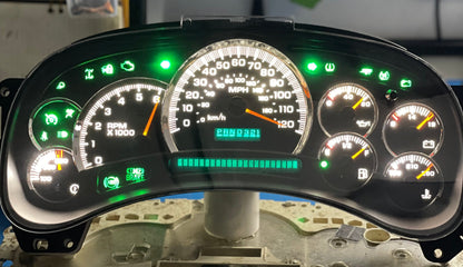 2003-2007 Gmc Chevrolet OEM Rebuilt Refurbished Instrument Gauge Cluster Cadillac Escalade , Silverado, Sierra, Tahoe, Denali Suburban, Avalanche, Yukon , W/ Trans Temp (Cadillac Escalade Bezel W/Green Signals) Speedometer