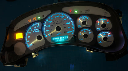 1999-2002 Gmc Chevrolet OEM Rebuilt Refurbished Instrument Gauge Cluster(WHITE) Cadillac Escalade, Silverado, Sierra, Tahoe, Denali Suburban, Avalanche, Yukon, Speedometer (No Trans Temp)