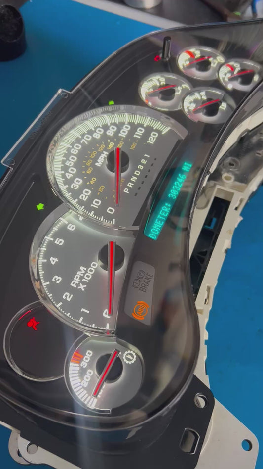 2003-2007 Gmc Chevrolet OEM Rebuilt Refurbished Instrument Gauge Cluster Cadillac Escalade, Silverado, Sierra, Tahoe, Denali Suburban, Avalanche, Yukon , W/ Trans Temp (WHITE OVERLAY CADI NEEDLES) Speedometer